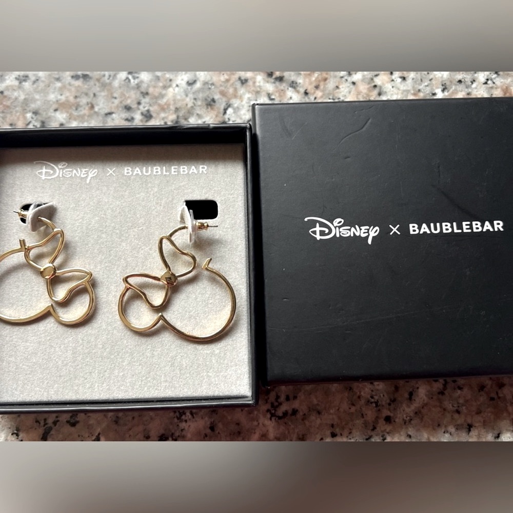 Nwt Disney Baublebar Minnie Mouse Crystals Bow Ears Gold Earrings 40$